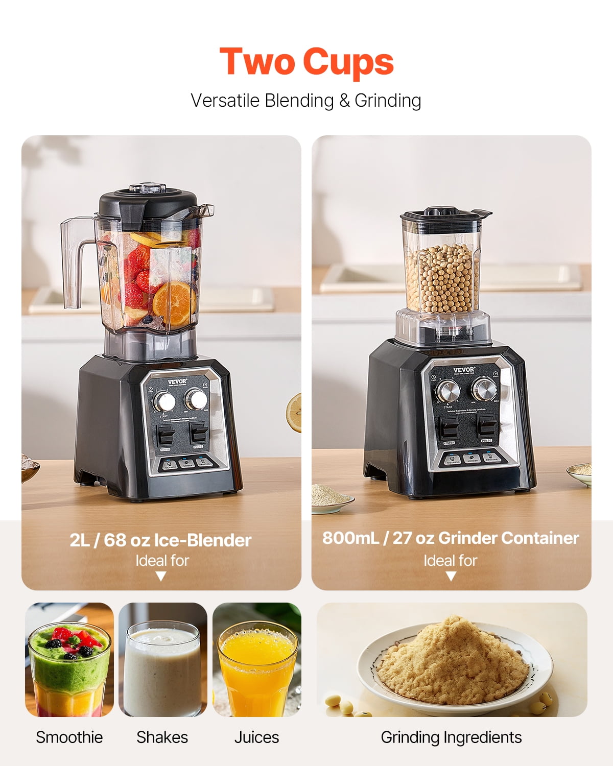 VEVOR Blender for Smoothies, 68 oz 1400W, Professional Blender with Powerful Motor, Multi-Functional Food Processing Blender with Grinder Container for Smoothie/Milkshake/Juice, Fits for Kitchen
