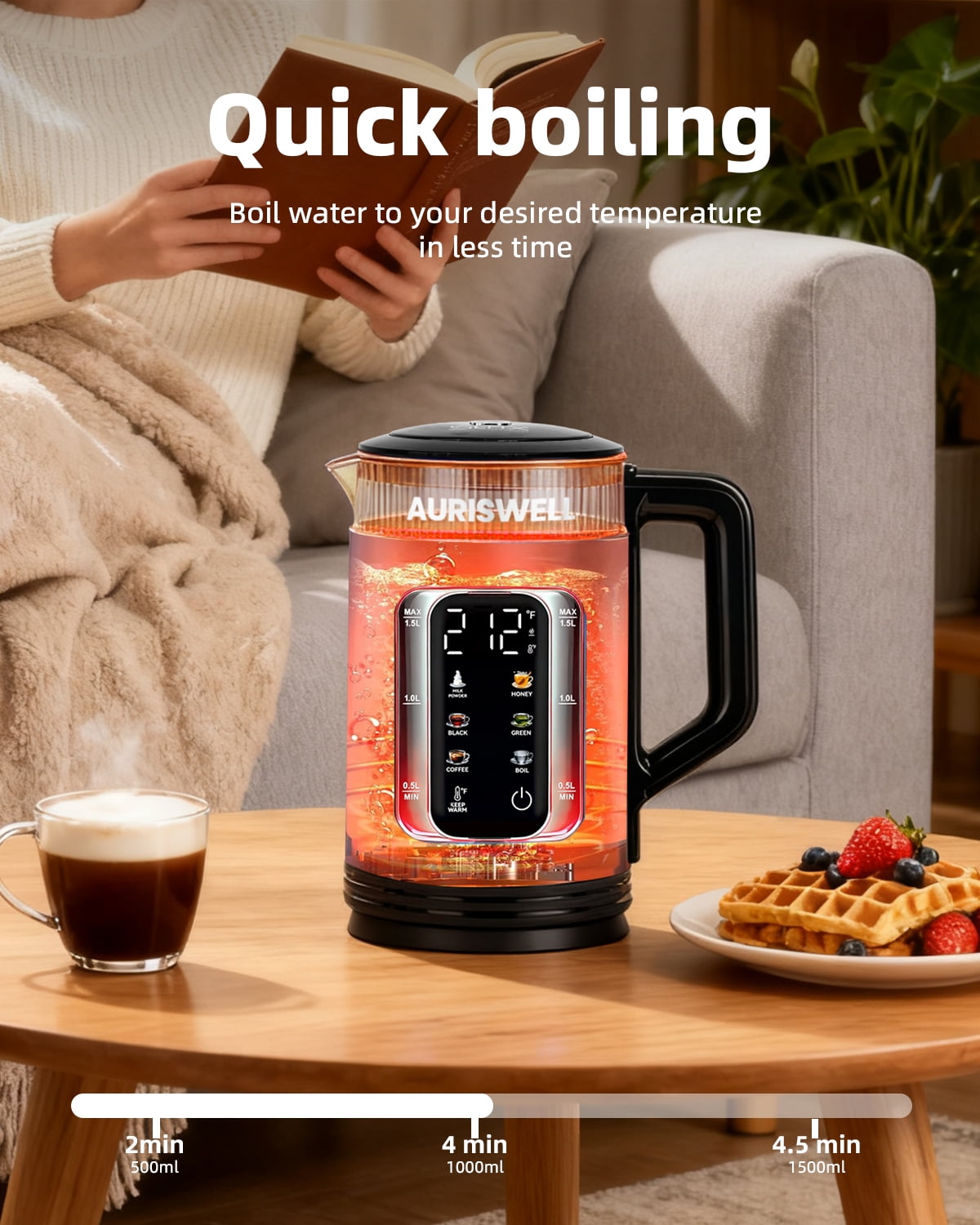 Auriswell Electric Tea Kettle with Temperature Control, 1.5L Glass smart Water Boiler for Tea, Coffee & Boil, Automatic Shut Off, 12h Keep Warm & LED One-Touch 6 Presets