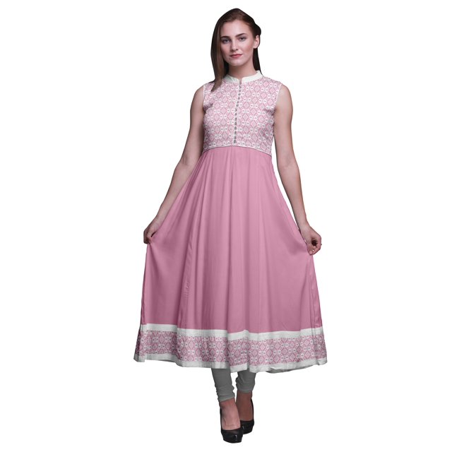 Bimba Robe Anarkali Ikat Rose Pâle2 pour Femmes Kurti Imprimé Ethnique Indien Longue Kurta Robe de Soirée Petite