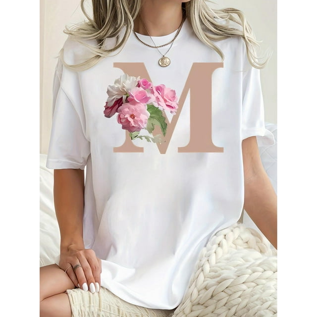 Chic Floral 'M' Print Women's T-Shirt - Casual Crew Neck, Short Sleeve, Stretchy Polyester Blend, Machine Washable - Perfect for Summer & Everyday Fashion, Creative, Holiday, Sportswear