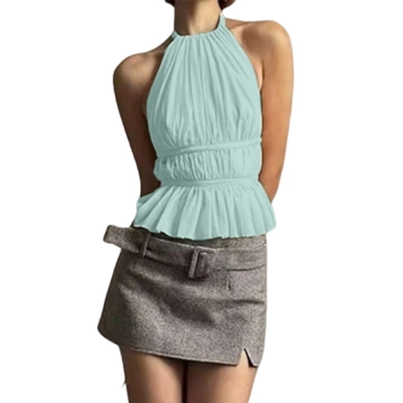 Open Back Halter Tops for Women Backless Ruched Ruffle Crop Tops Smocked Y2K Going Out Camisoles Light Green L