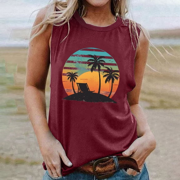 Giftesty Tank Tops for Women Fashion Casual Printed Sleeveless Blouse Round Neck Slim Pullover Tops