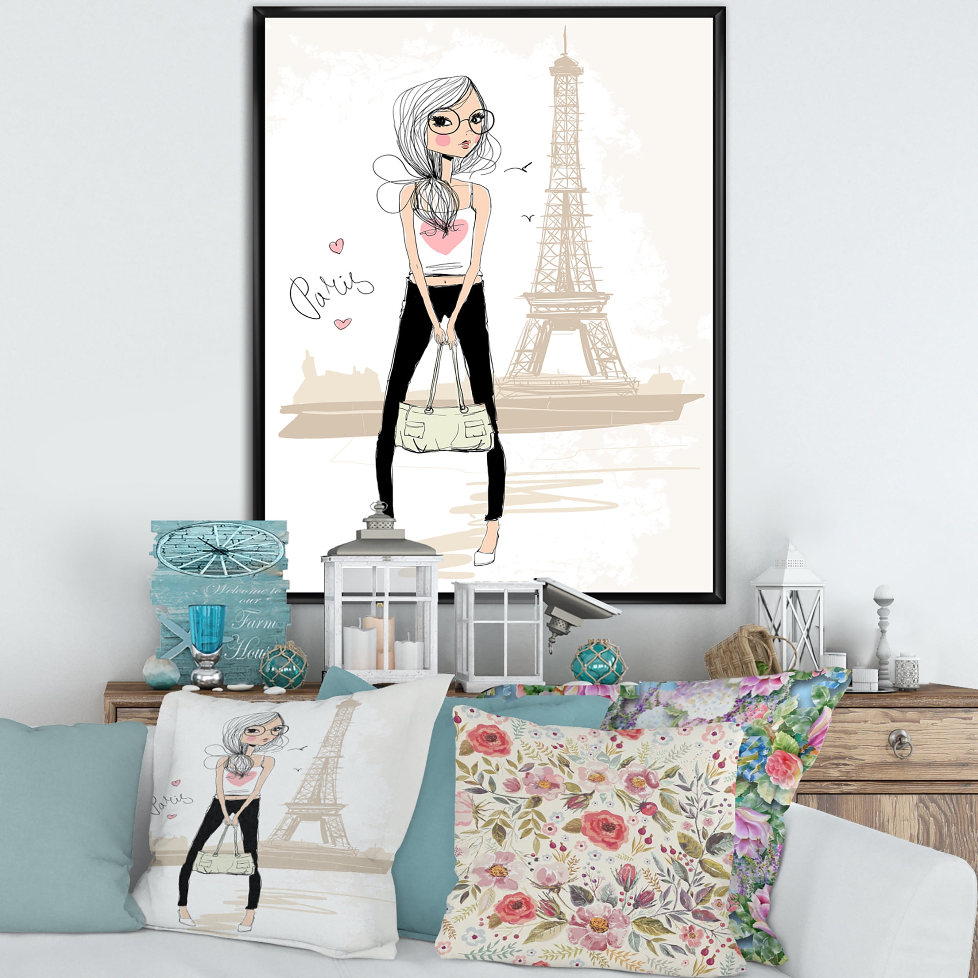 Designart 'Cute Girl By The Tour Paris Eiffel Tower' Children's Art Framed Canvas Wall Art Print