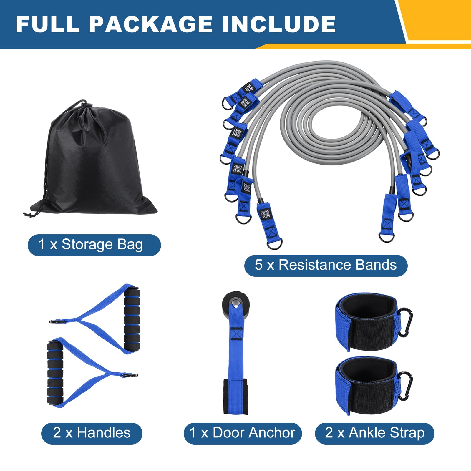 Uxcell Resistance Bands Set, 6 Level Exercise Bands for Working Out with Door Anchor/Handle/Ankle Strap/Pouch, 300LB & Blue & Grey- Fitting For(Women & Men Home/Gym Train/Yoga)