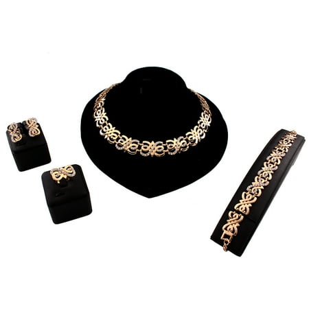 Bridal Party Jewelry Gifts - XY Fancy Exaggerate Hollow-out Crystal Rhinestone Necklace Earring Bracelet Ring For Women Party Wedding Bridal Fine Gold Jewelry Sets