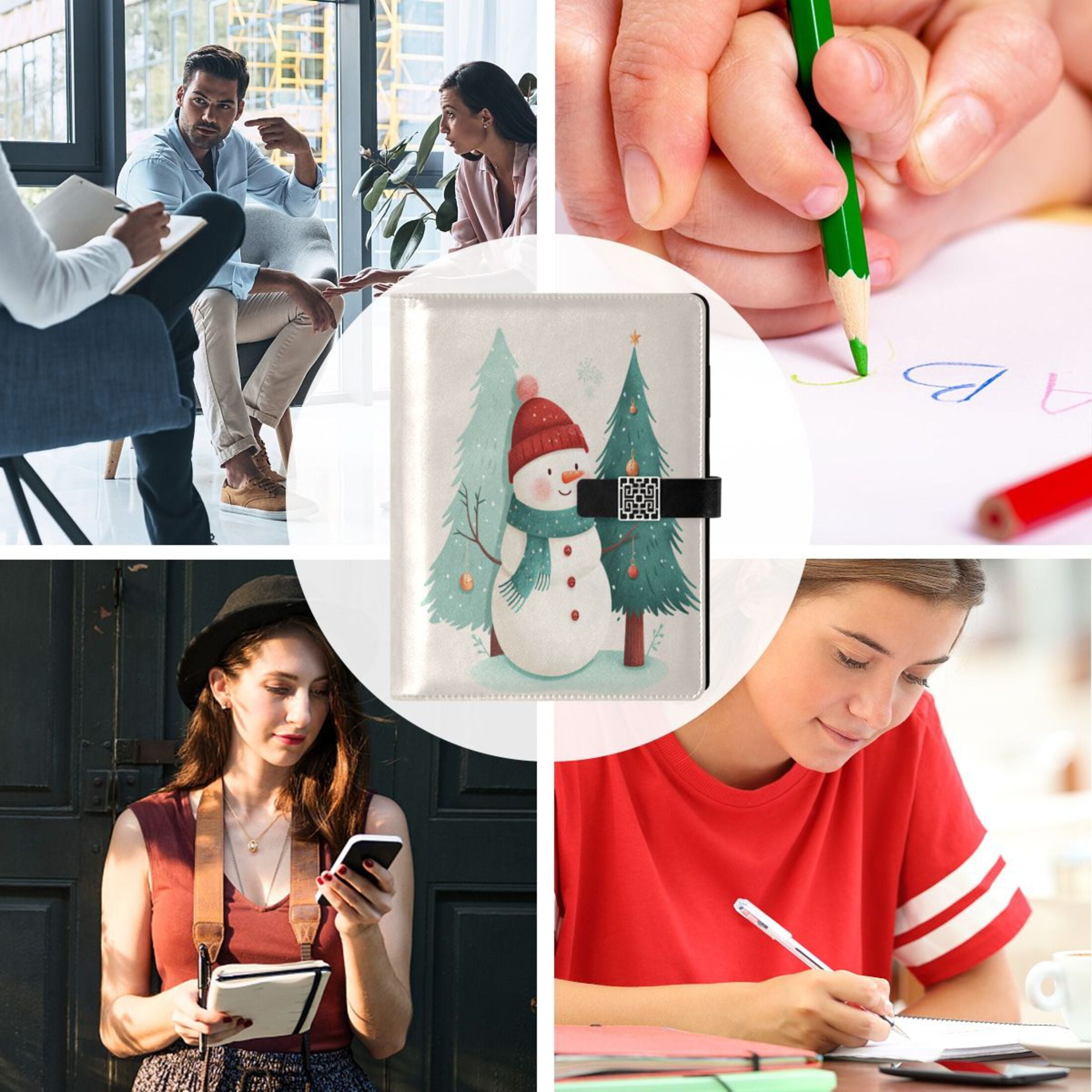Leather Planner Leather Notebook Notebook Journal Binder Design Pen Pocket Design Convenient for Storage Watercolor Christmas Snowman