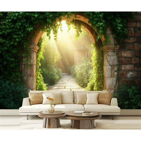 Peel and Stick Wallpaper 3D Effect Photo Print Picture Nature Pergola Stone Arch Green Ivy Modern Art Wall Mural Decor Self Adhesive and Removable 69in x 98in