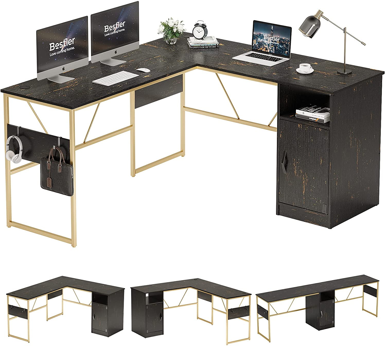 Bestier 60 Inches L-Shaped Computer Desk with Storage Cabinet Corner Desk Home Office Desk
