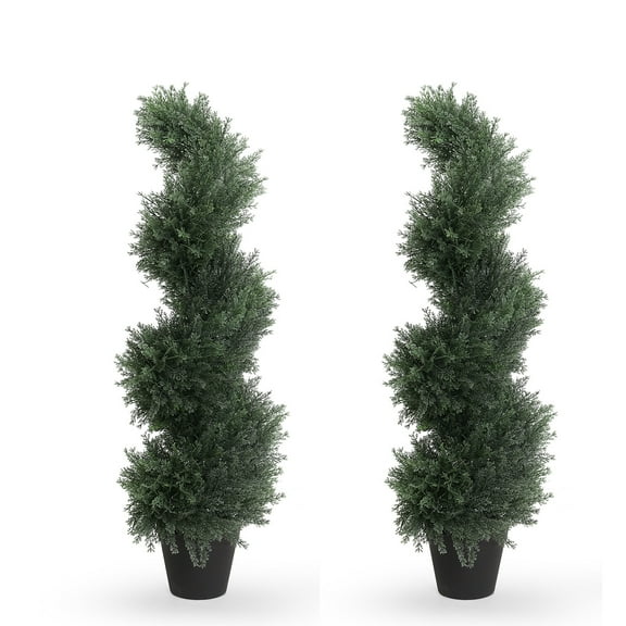 35 inch Artificial Cedar Spiral Topiary Trees–Decorative Fake Greenery in Planter Pots for Front Porch, Outdoor Walkway, Entryway Decorating, Set of 2