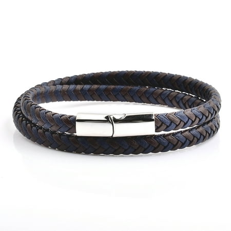 Blue and Brown Braided Leather Wrap Bracelet (13.4mm Wide)