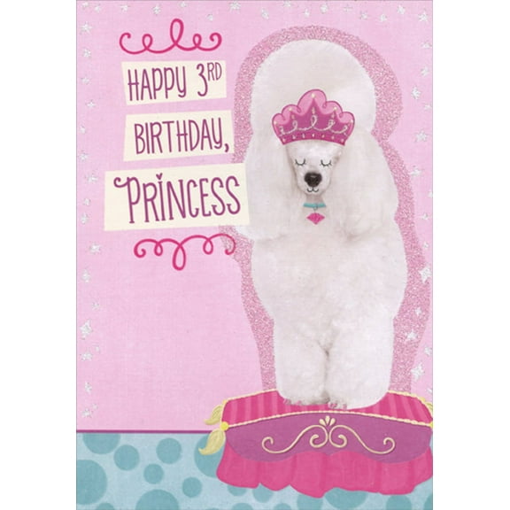 Designer Greetings Poodle with Pink Tiara Tri Fold Age 3 / 3rd Birthday Card for Girl with Stickers