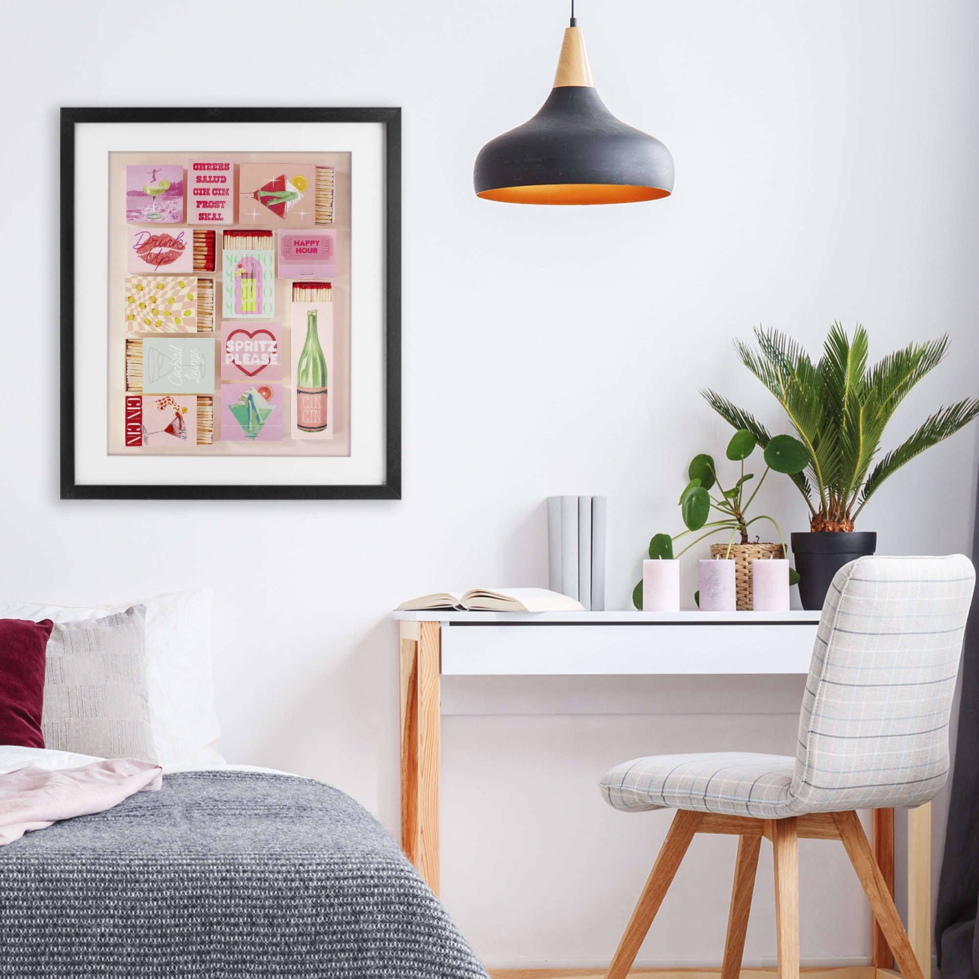 Glam Cocktails Retro Matches Black Framed Print Under Glass, design by Lil' Rue