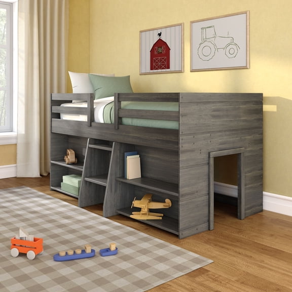 Max & Lily Solid Wood Modern Farmhouse Low Loft Bed, Twin Bed Frame for Kids with 2 Bookcases