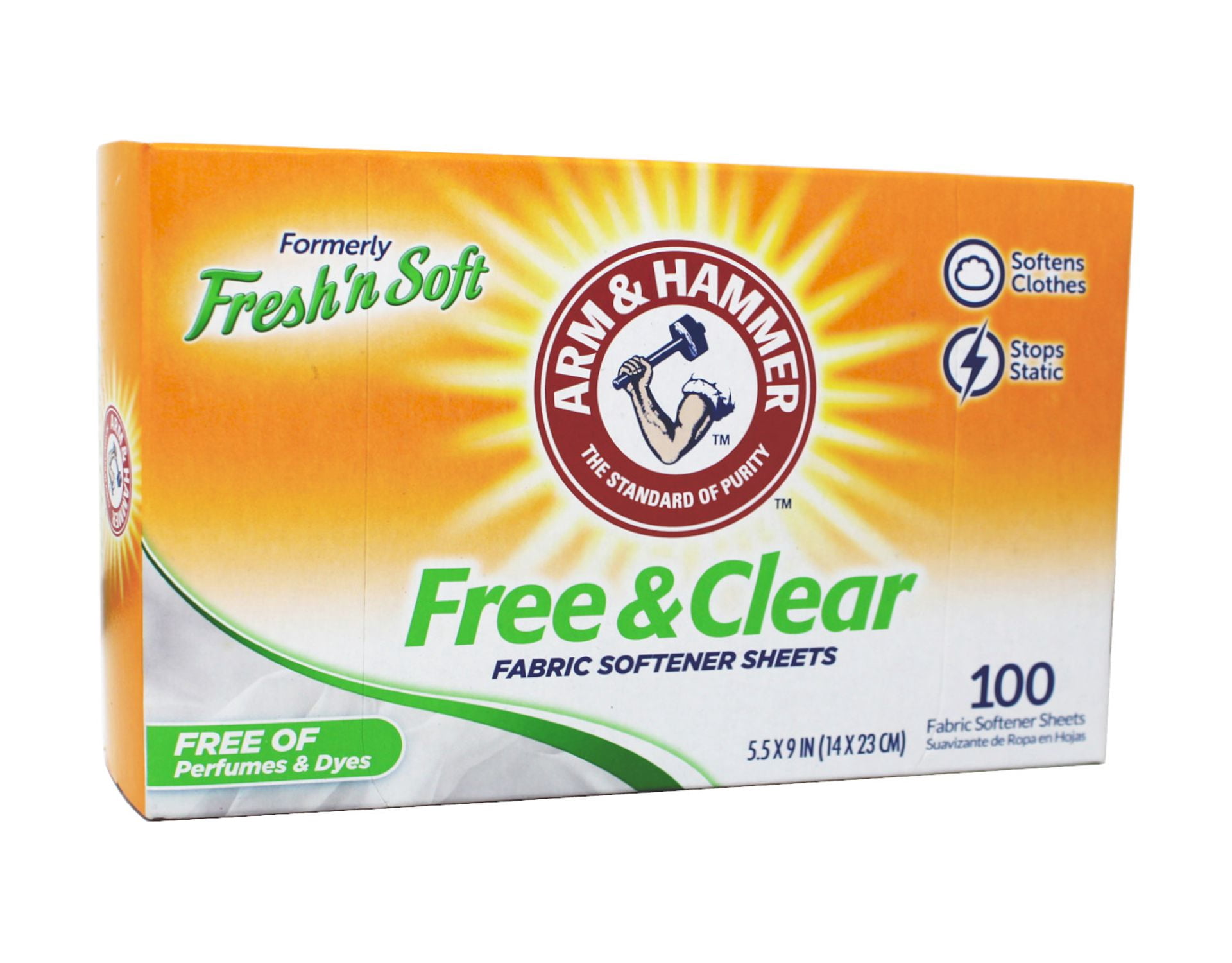 Arm & Hammer Fabric Softener Dryer Sheets, Free of Perfumes & Dyes , Fresh'n Soft , 100 Count - 6 Pack
