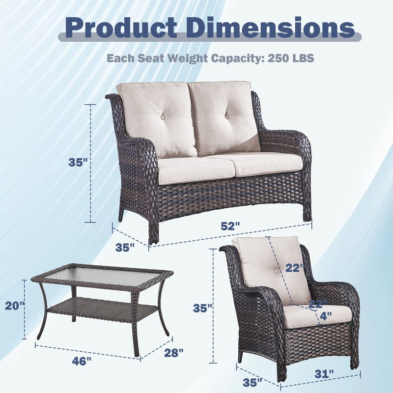 PARKWELL 6-Piece Outdoor High Back Patio Conversation Set,Rattan 6-Seat Furniture with Loveseat Sofa, Wicker Chairs,Coffee Table and Ottomans,Brown Wicker Beige Cushions