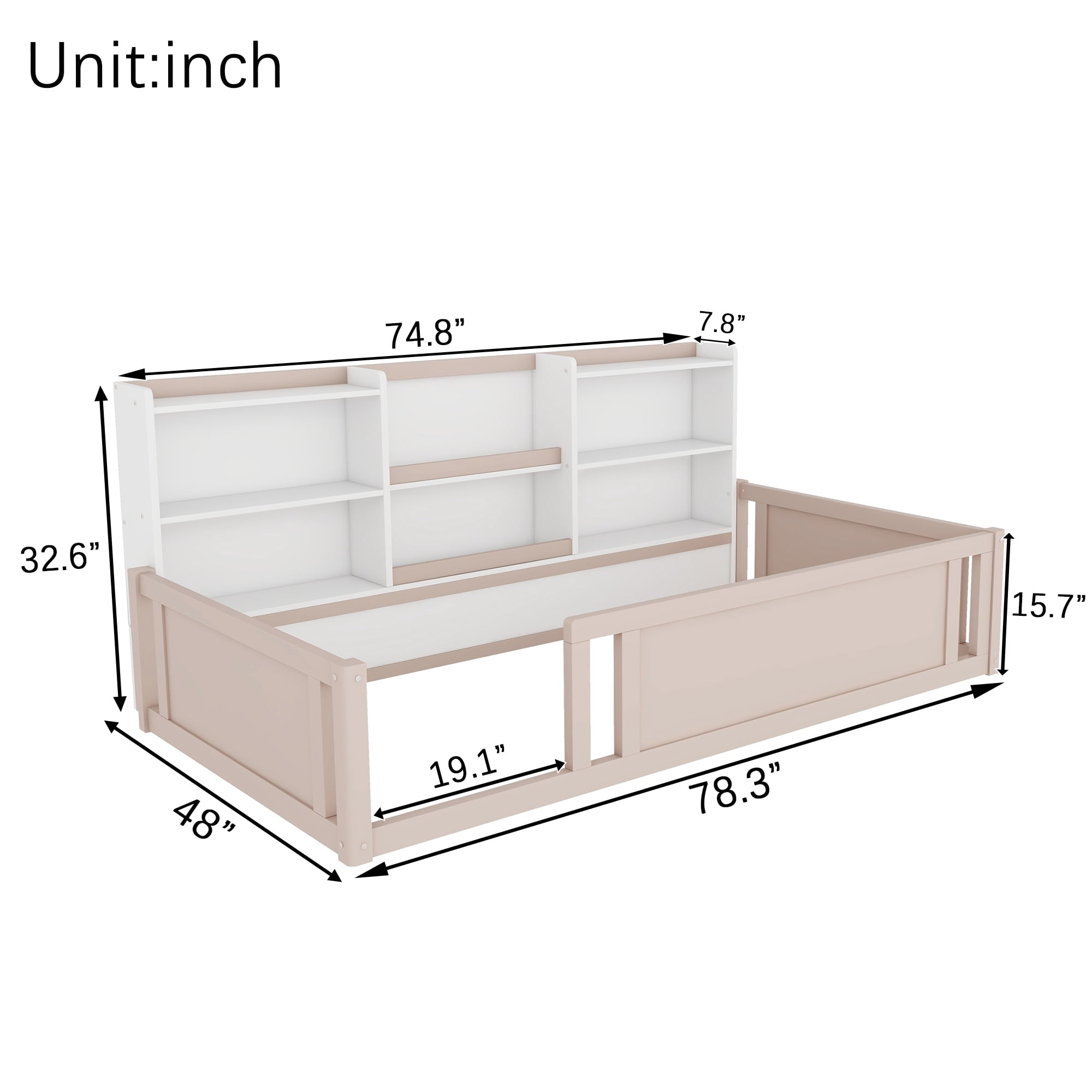 Mintazer Twin Size Montessori Floor Bed with Bookcase Headboard & Guardrails, Kids Platform Bed Frame with 6 Cubby Storage Shelves for Bedroom, White & Natural