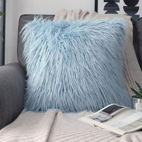 Phantoscope Merino Style Faux Fur Series Decorative Throw Pillow, 18" x 18", Light Blue, 1 Pack