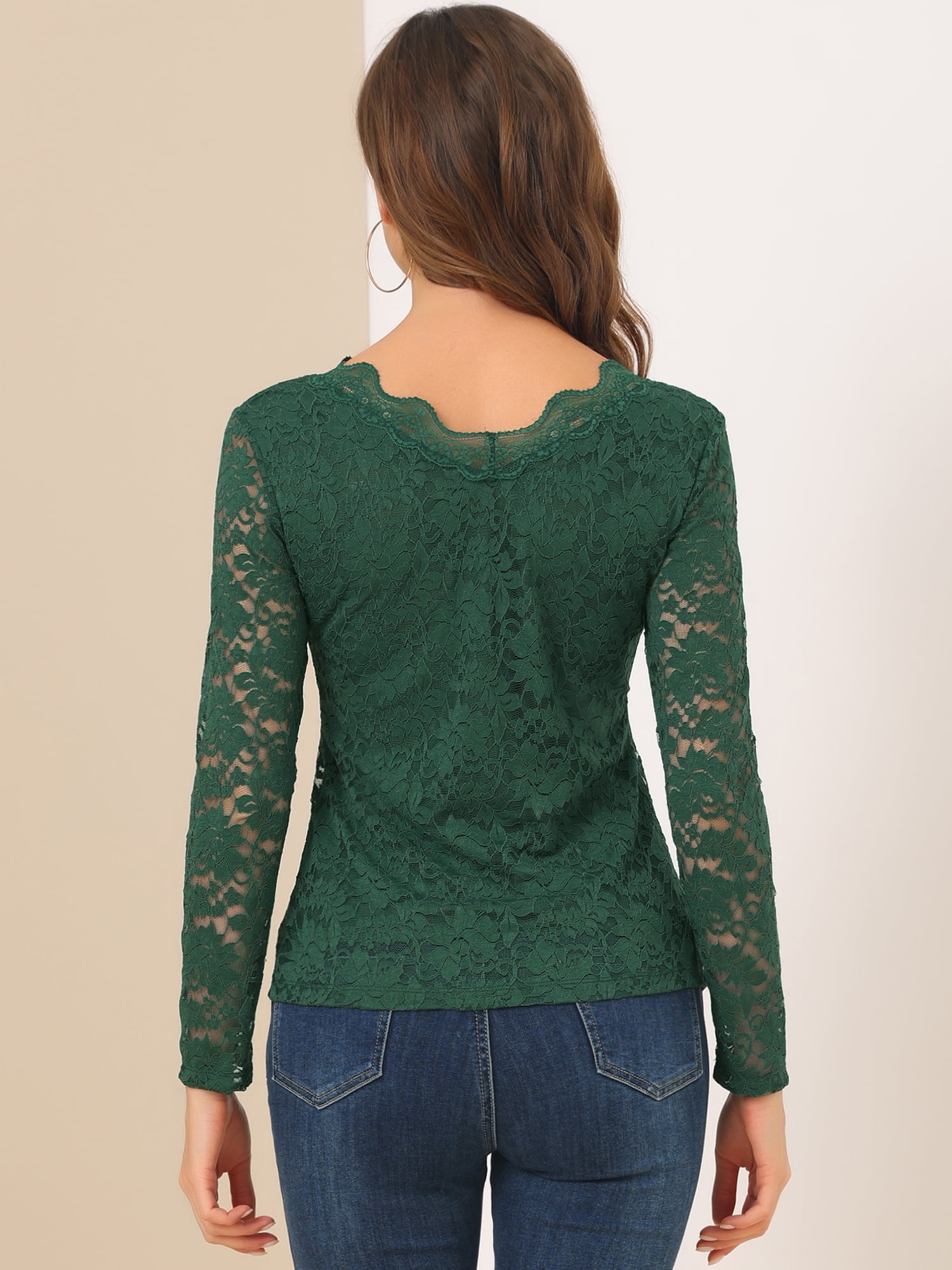 DARING DIVA Floral Lace Shirt Lace Scalloped Trim Blouse M Dark Green