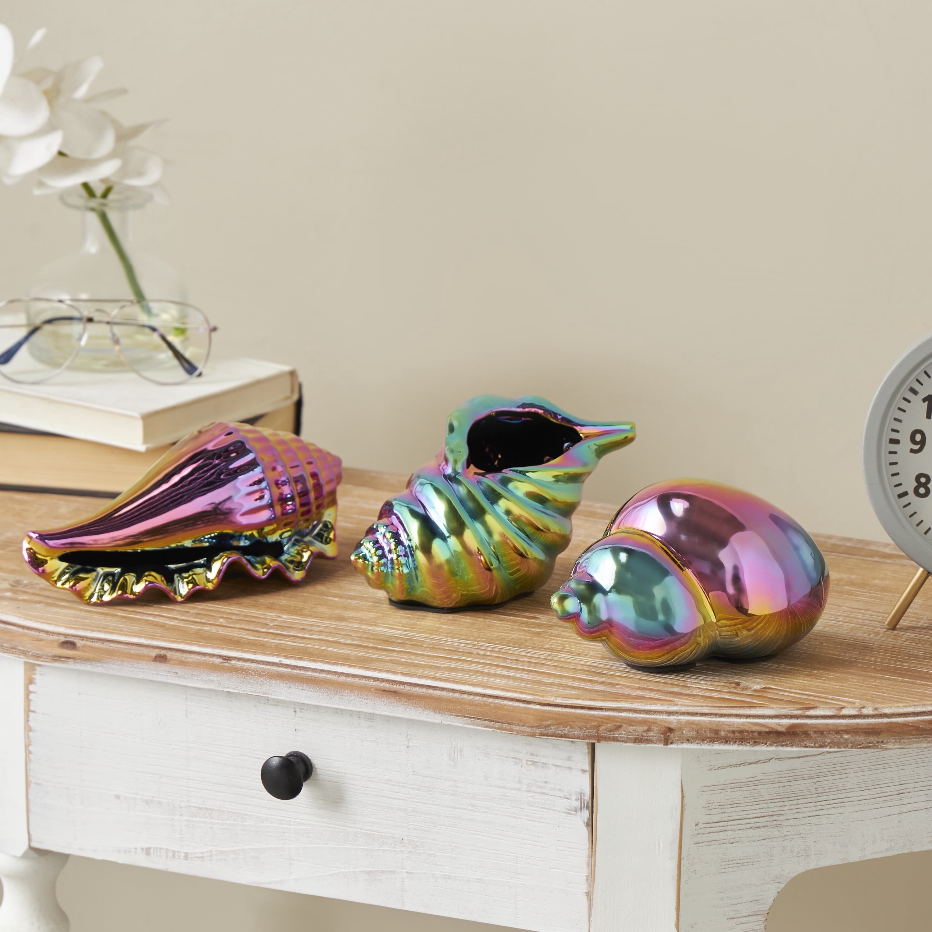 6", 6", 8"W Multi Colored Ceramic Shell Sculpture with Rainbow Shimmer Finish, by DecMode (3 Count)