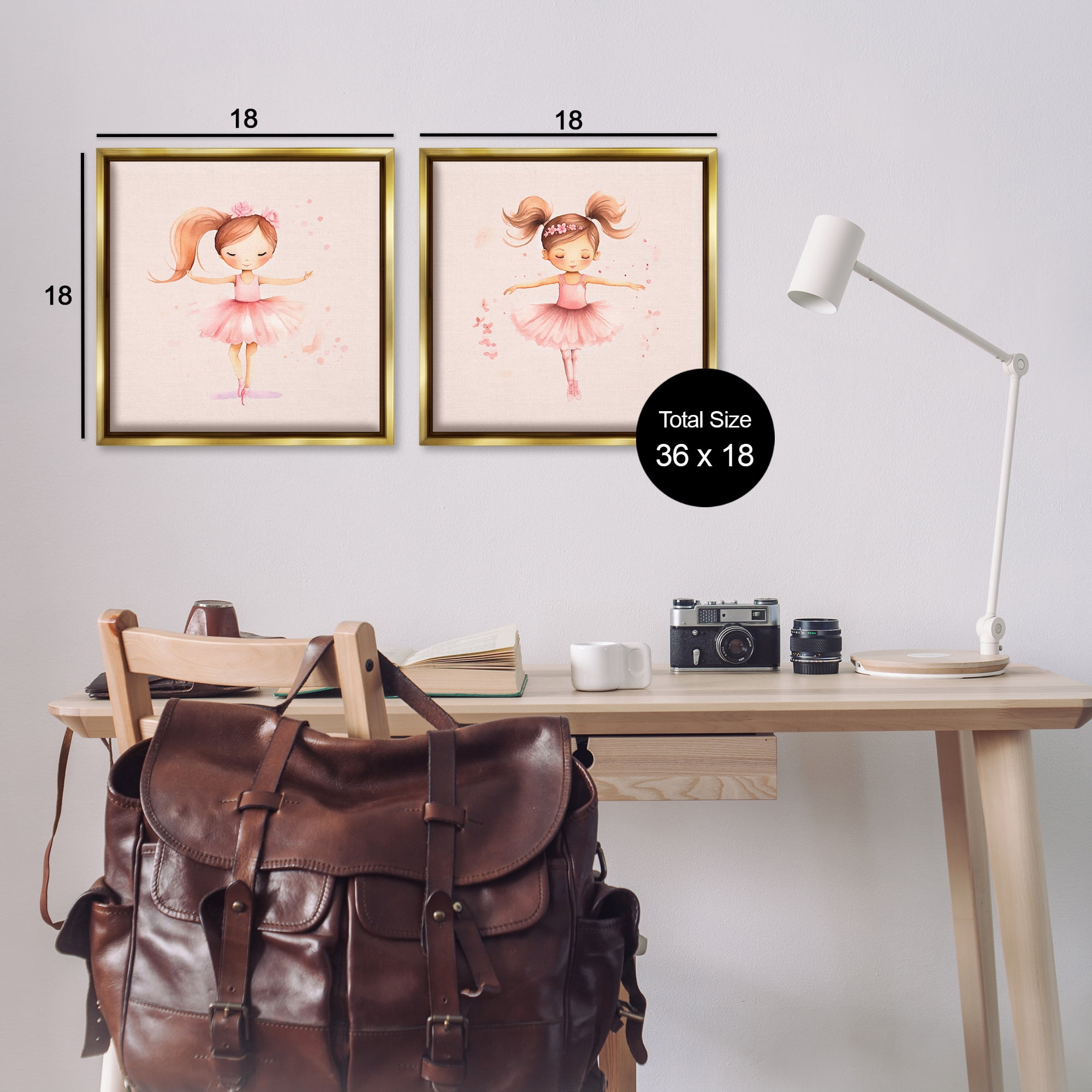 Stupell Industries Little Ballerina Dancers People Painting Gold Floater Framed Canvas Art Print Wall Art, 18 x 18, Set of 2