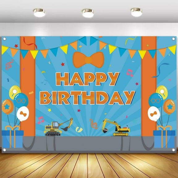 Cartoon Orange Blue Theme Happy Birthday Photography Backdrop, 5x3ft Background Photo Booth Banner Props for Kids Girls Boys Birthday Party Decorations Supplies