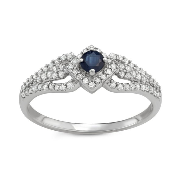 MyDiamondBox 1/3 ct White Diamonds & Blue Sapphire Center Gemstone Split-Shank Promise Ring crafted in 10KT White Gold Real Diamond Ring for Women, US5