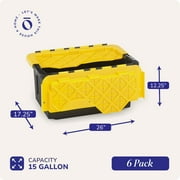 Homz Durabilt® 15 Gallon Flip Lid Tough Container, Black Base with Yellow Lid, Set of 6