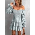 thumbnail image 4 of Women's 2023 Summer Spring Elegant Off Shoulder V Neck Long Sleeve Pleated Flowing Boho Floral Print Crewneck Short Sleeve, 4 of 9