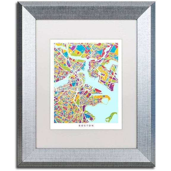 Trademark Fine Art "Boston MA Street Map 2" Canvas Art by Michael Tompsett, White Matte, Silver Frame