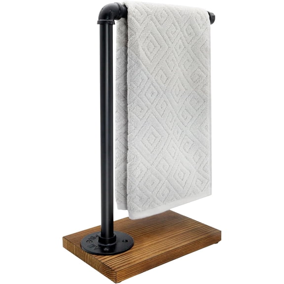 15'' Hand Towel Holder, L Shaped Towel Holder Stand with Weighted Base, Black Hand Towel Stand for Bathroom Kitchen Countertop