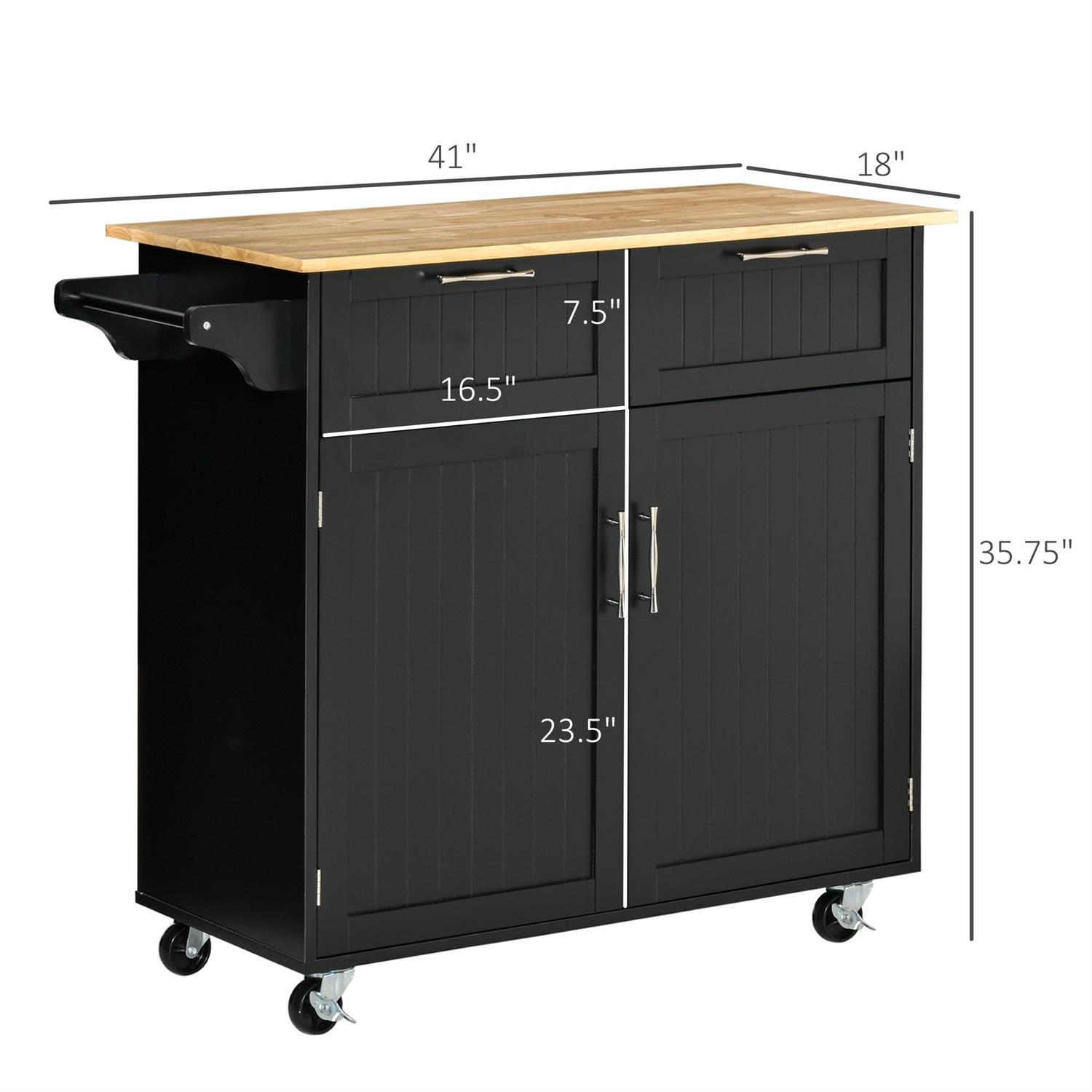 Demi Bonn 41" Modern Rolling Kitchen Cart, Rubberwood Top & Drawers Utility Cart for Home & Kitchen Organization, Black