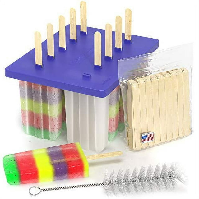American Ice Pop Maker - Frozen Popsicle Mold Kit Moldes Para Paletas - 10 Large BPA Free Removable Plastic Molds + 50 Wood Sticks, Cleaning Brush, Healthy Kids Fruit & Cream Treats(Classic-10, Blue)