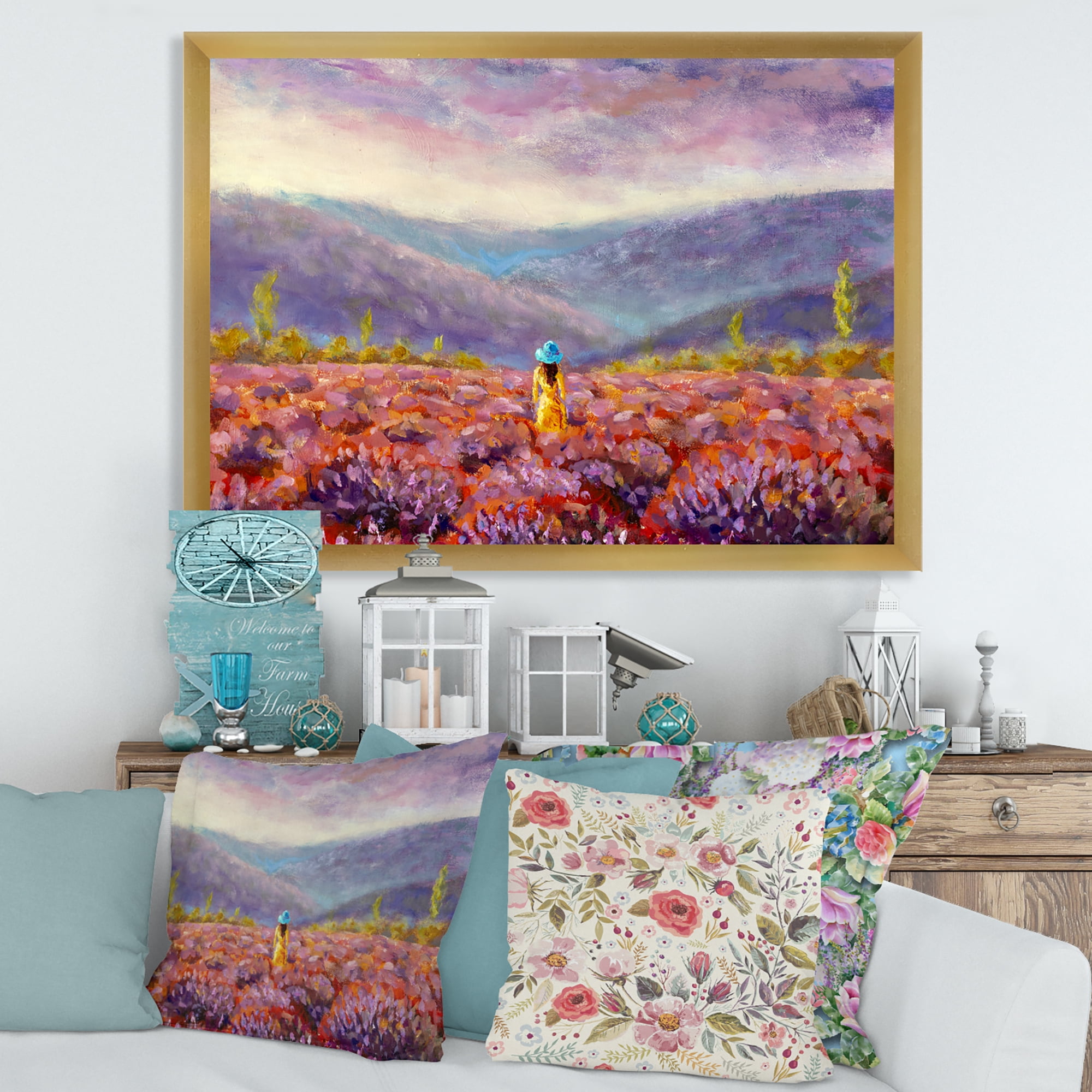 Designart 'Girl In Yellow Dress & Hat Walking Through Fields' Traditional Framed Art Print