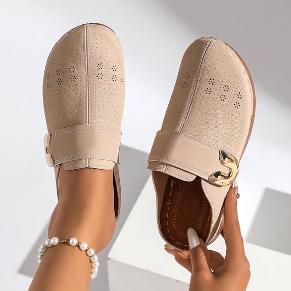 Women's Slide Sandals Perforated Metal Buckle Closed Toe Mules, Slip-On Faux Leather Slide Shoes for Casual Wear Beige 9.5
