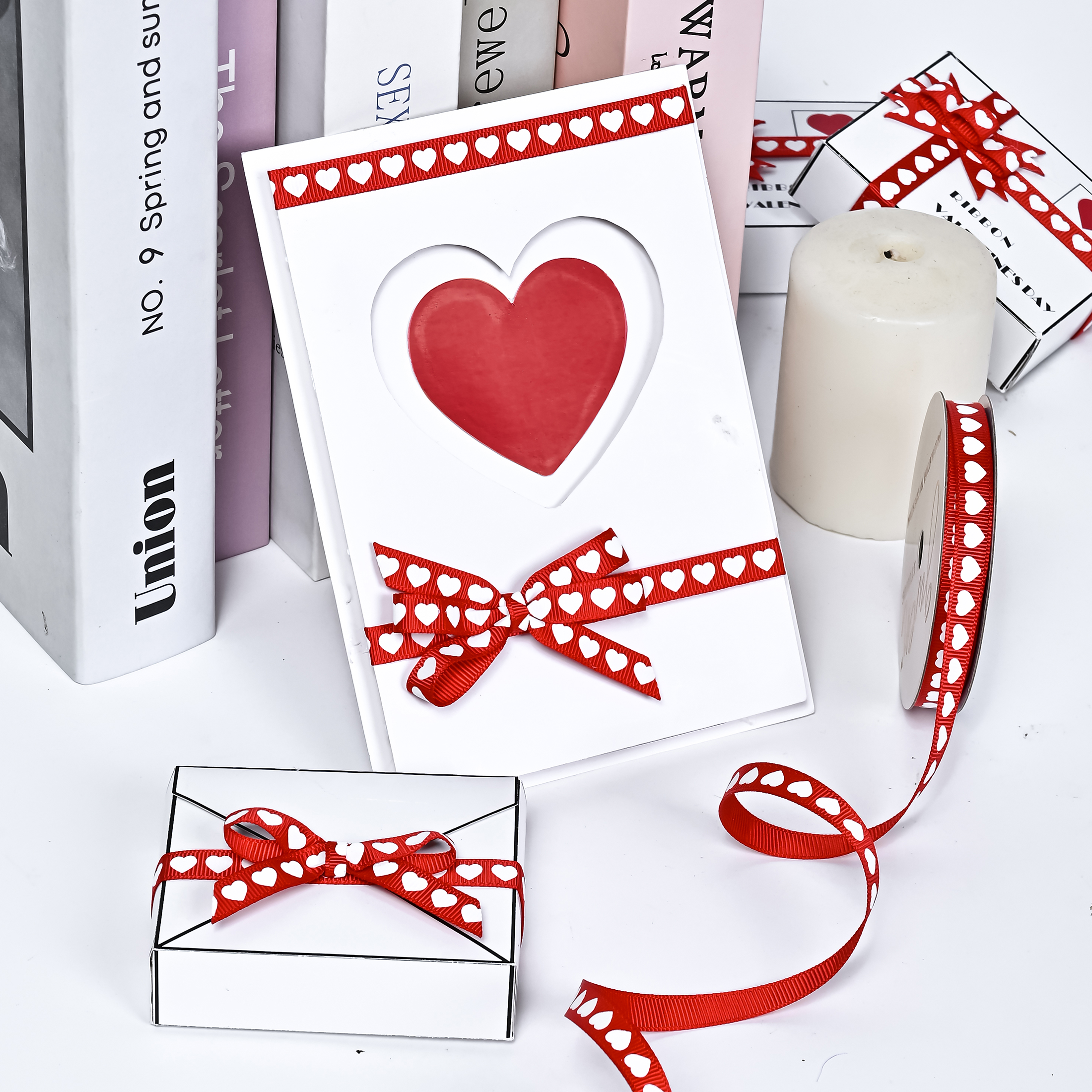 Gwen Studios 3/8" Red with White Hearts Grosgrain Ribbon, 7 Yards