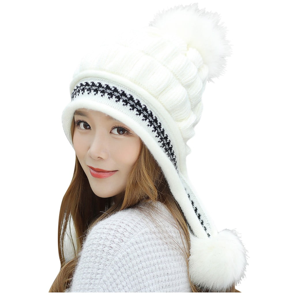 Fashion Womens Knitted Hats Winter Keep Warm Color Matching Hair Ball Thick Double Warm Hats Caps Unisex 
