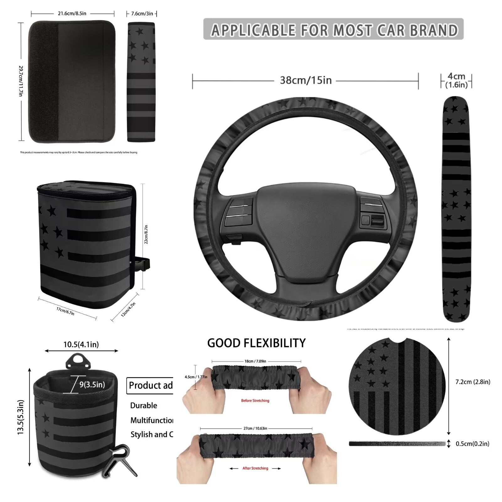 Uorisanigo Black American Flag 15Pcs Car Seat Covers Font Rear Set with Steering Cover,Seatbelt Pads,Car Trash Bag,Air Vent Pouch,Key Chain,Rearview Mirror Cover,Coasters,Interior Accessories Set