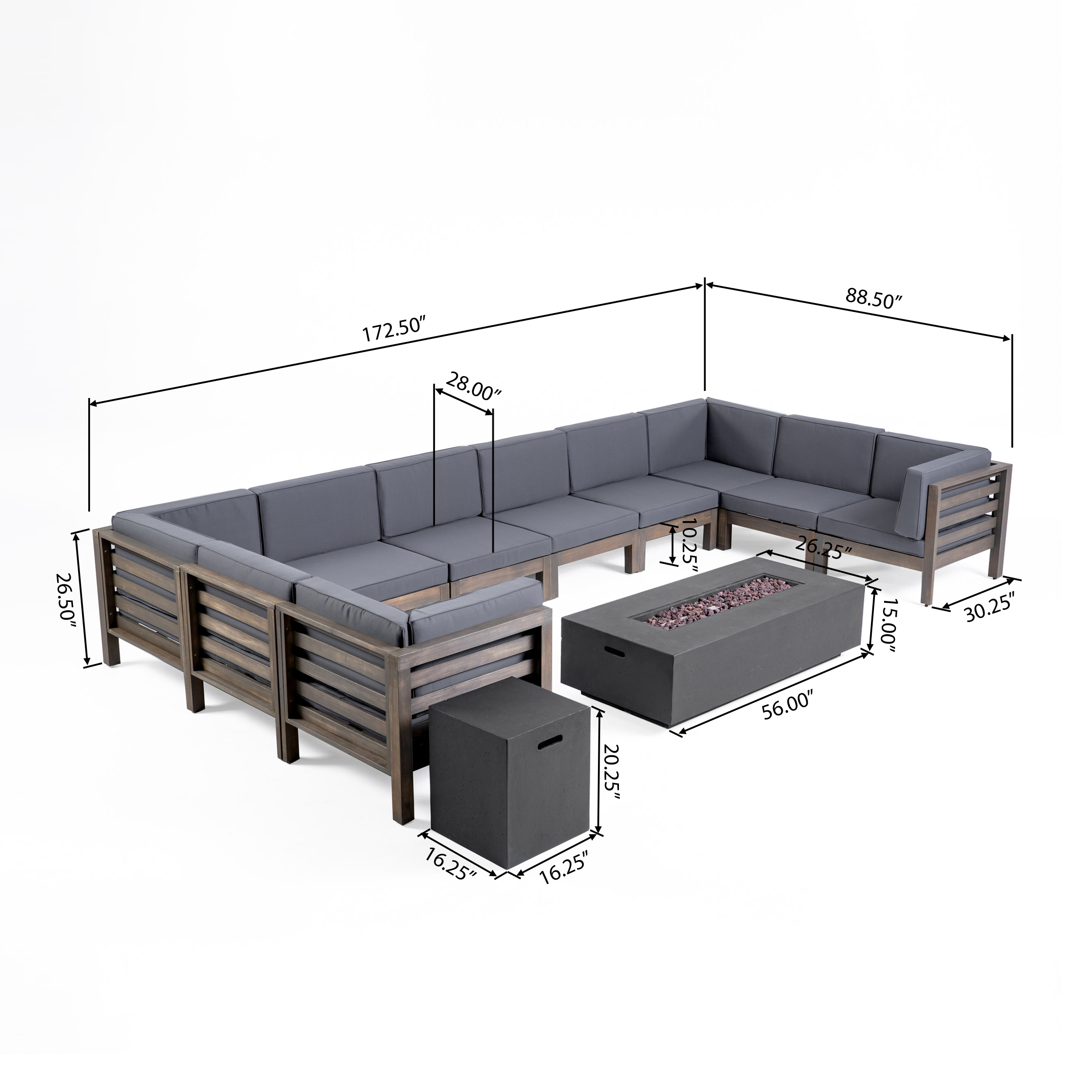 Frankie Outdoor 12 Piece Acacia Wood U-Shaped Sectional Sofa Set with Cushions and Fire Pit, Gray, Dark Gray, Dark Gray