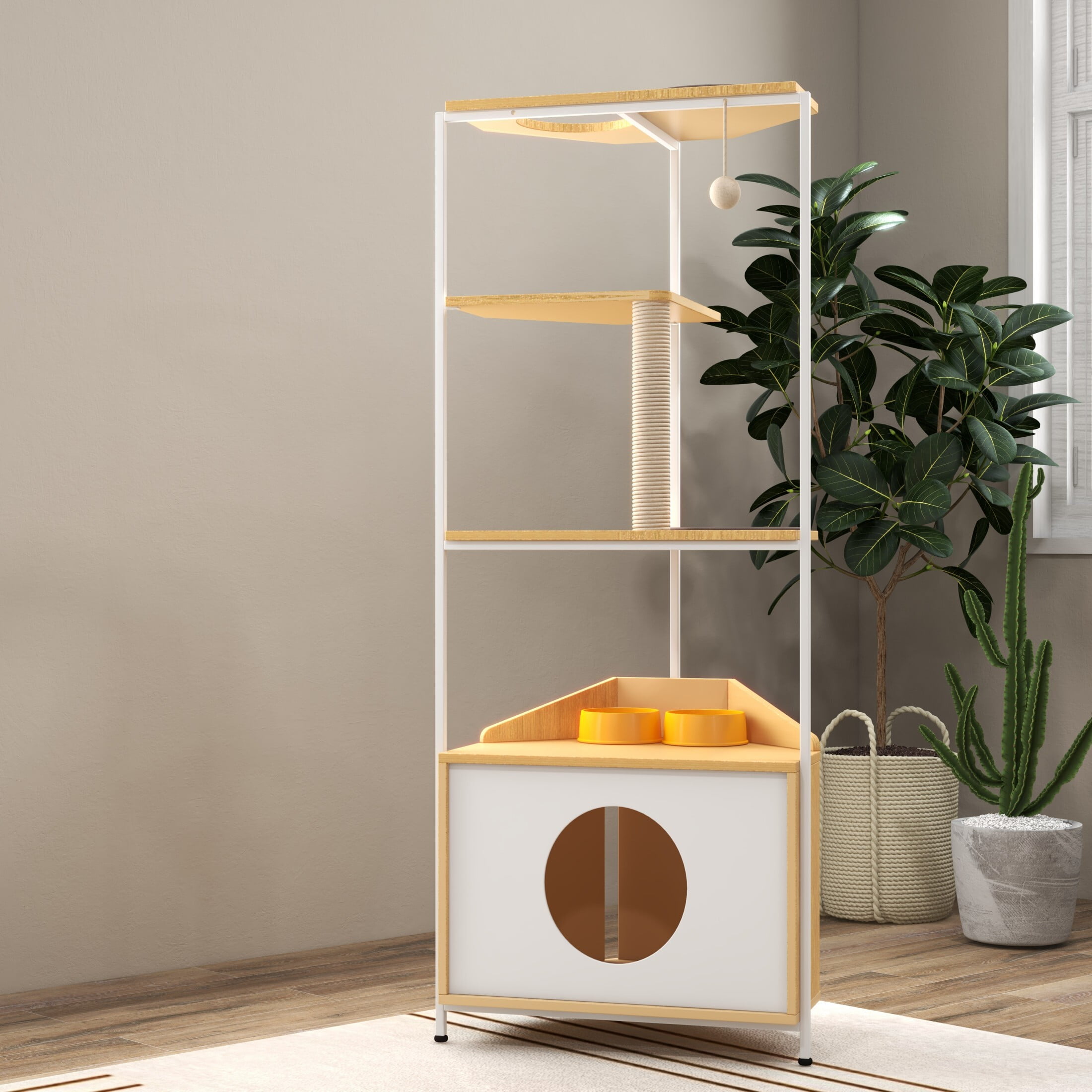 AENKYO 58.27 inch Indoor 5-level Cat Tree with Cat Nest and 2 Bowls, Cat Tower with Sisal Scratching Post, Light Oak