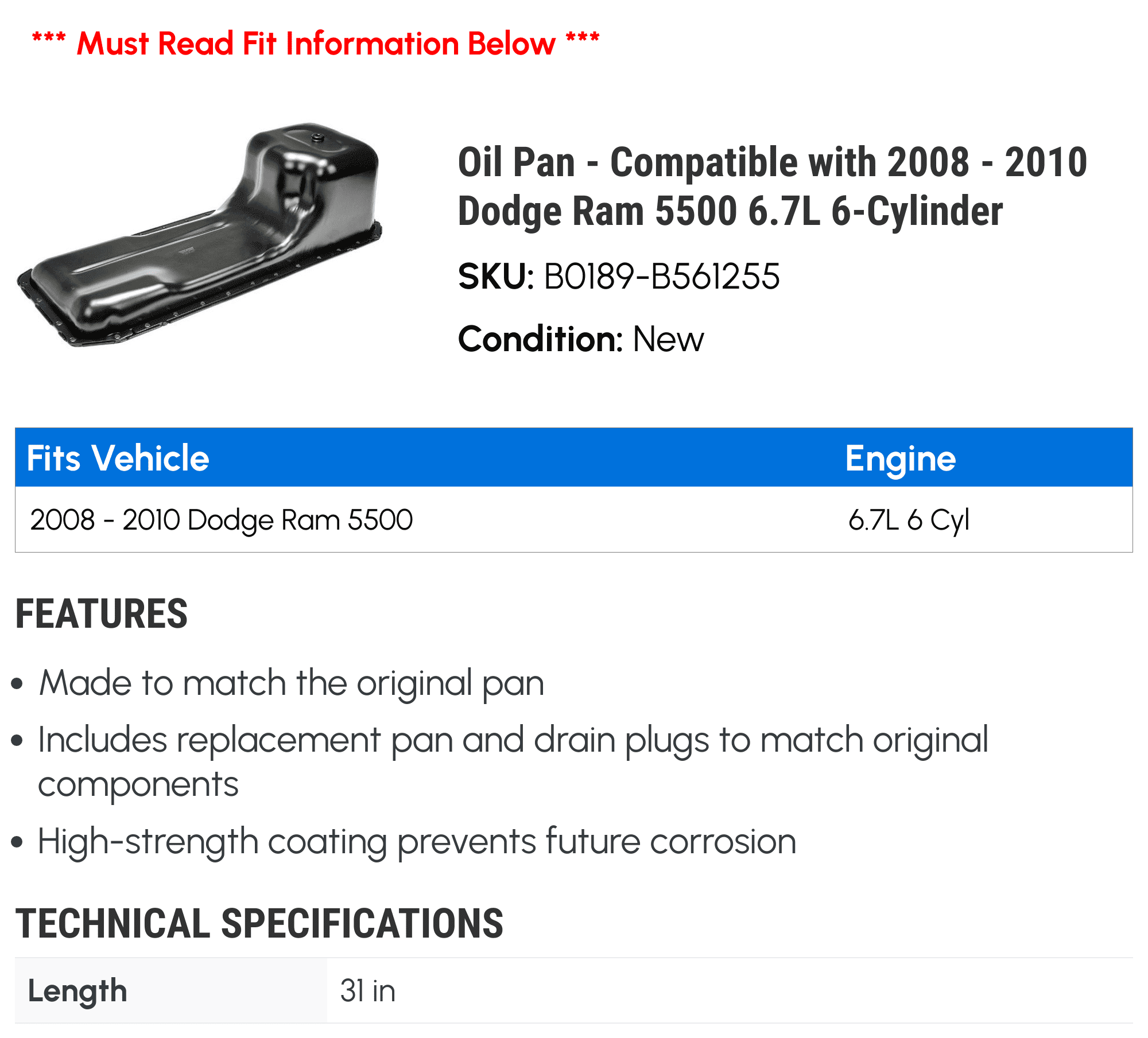 Oil Pan - Compatible with 2008 - 2010 Dodge Ram 5500 6.7L 6-Cylinder - Dorman