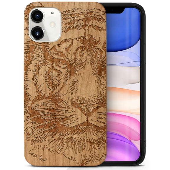 Case Yard Wooden Case Outside Soft TPU Silicone, Slim Fit Shockproof Wood Protective Phone Cover for Girls Boys Men and Women, Supports Wireless Charging Tiger Sketch Design case for iPhone-12-Mini