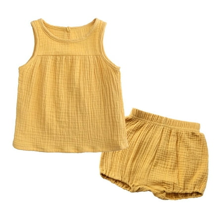 biudgviw Unisex Baby 2 Piece Outfits Toddler Kids Crewneck Sleeveless Tops with Elastic Waist Shorts Matching Set Comfy Summer Clothes