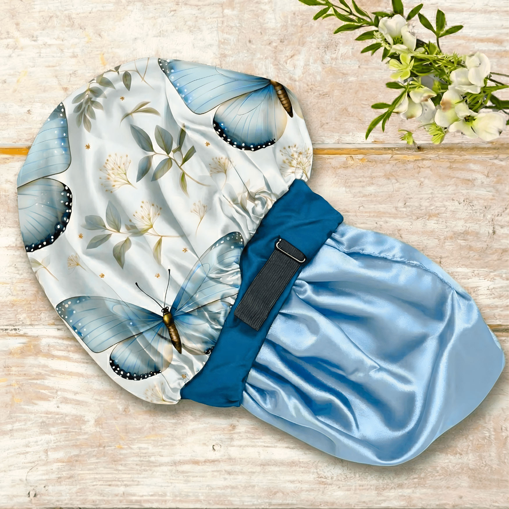 No Tie Wide Band Satin Bonnet for Sleeping, Non Slip Sleep Cap for Curly Hair Braids Locs, Floral Butterfly