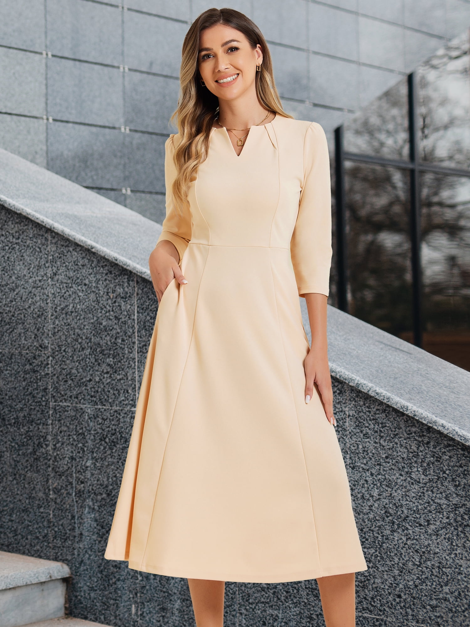 DARING DIVA Work Office Elegant 3/4 Sleeve V Neck A-Line Dress L Deep Apricot