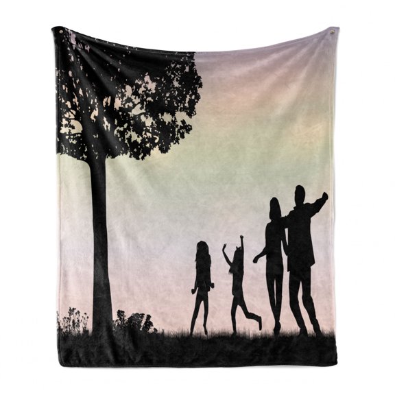 Silhouette Soft Flannel Fleece Throw Blanket, Children Playing Under a Tree in Soft Color Change Sky Backdrop, Cozy Plush for Indoor and Outdoor Use, 60" x 80", Charcoal Grey Multicolor, by Ambesonne