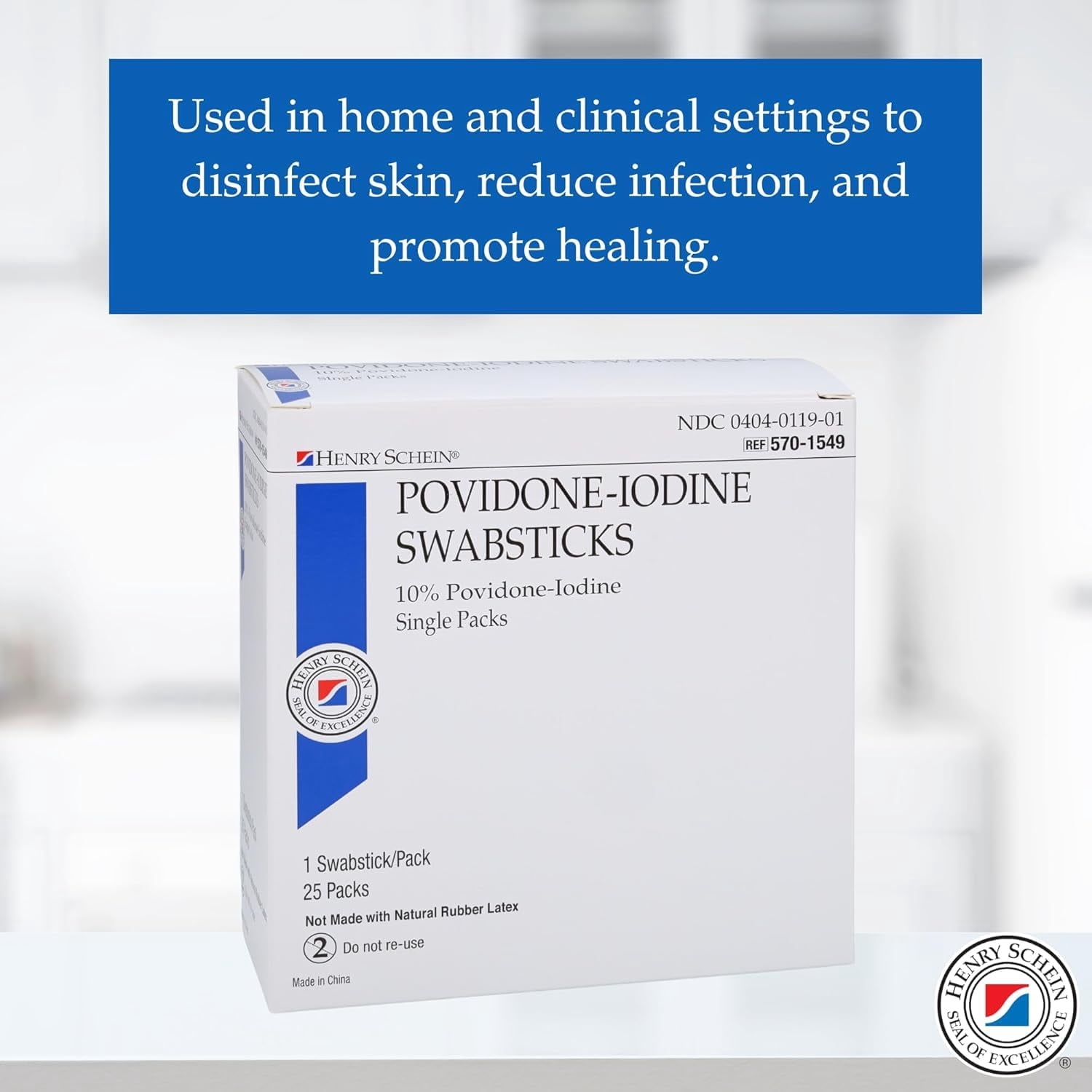 Henry Schein Prep Povidone-Iodine Swabsticks 1's- Sterile, Antiseptic for Skin Preparation, Individually Packed, 10% Povidone-Iodine, 25 Packs per Box - 20 Boxes