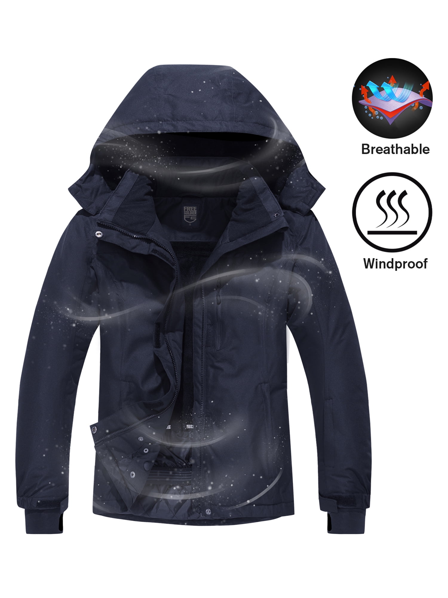 FREE SOLDIER Men's Waterproof Ski Jacket - Fleece Lined Winter Snow Coat, Windproof With Hood (Dark Gray, L)