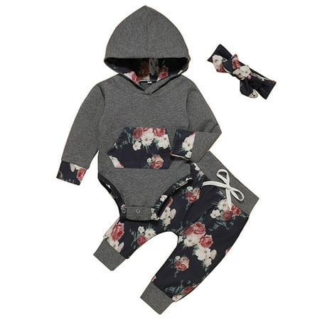 

Dadaria Toddler Sweatshirt 0-12M Newborn Infant Baby Boys Girls Print Hooded Sweatshirt+Pants+Hairband Outfits Gray 90 Toddler