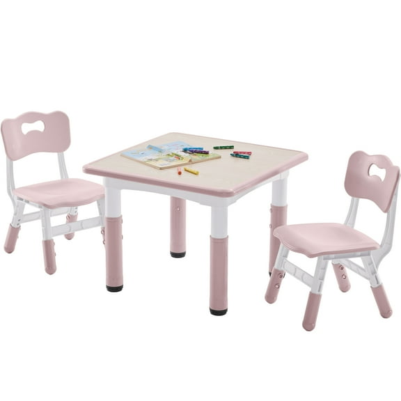 DOREROOM Kids Table and 2 Chairs Set, Height-Adjustable Toddler Table and Chairs Set with Graffiti Desktop, 23.6''L x 23.6''W Children Activity Table for Daycare, Classroom, Home