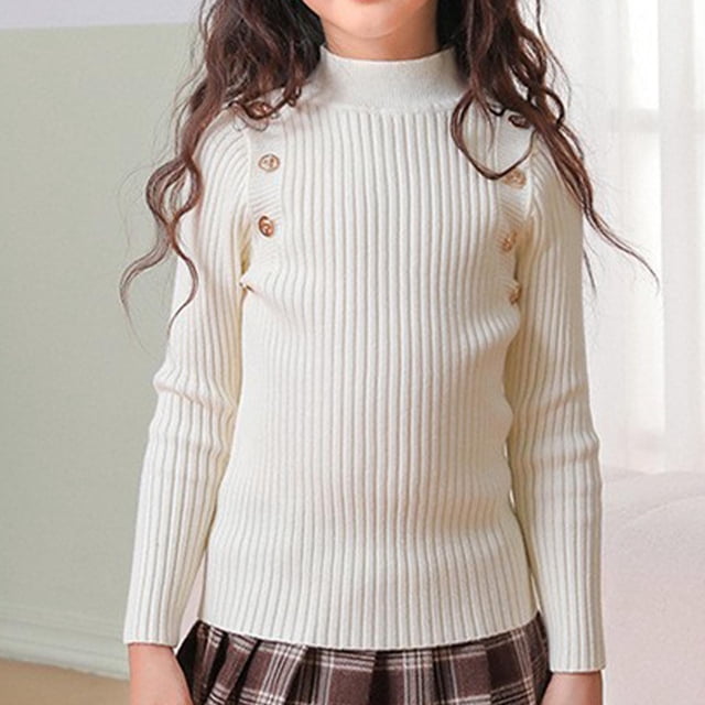 LWFFDAW Girl's Mock Turtleneck Tops Solid Color Ribbed Knit Long Sleeve Shirts Soft Stretch Slim Fitted Tops Trendy Button Pullover Tops White Size 140